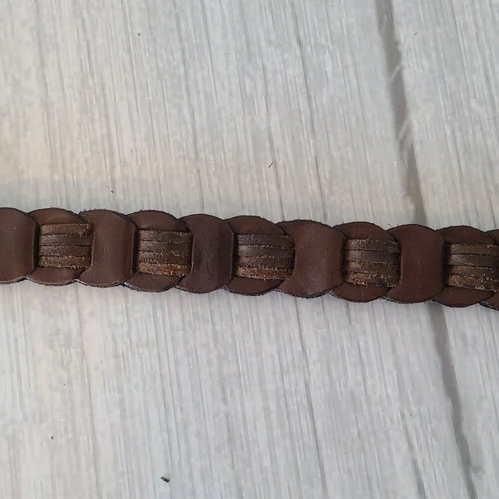 Vintage Chain Braid Leather Belt Solid Brass Buckle Mens XL
